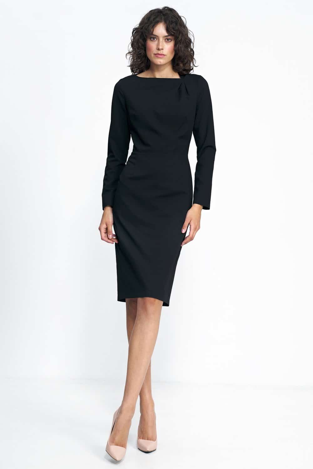 Sukienka Czarna sukienka z zakładkami na dekolcie S227 Black - Nife - obrazek 2
