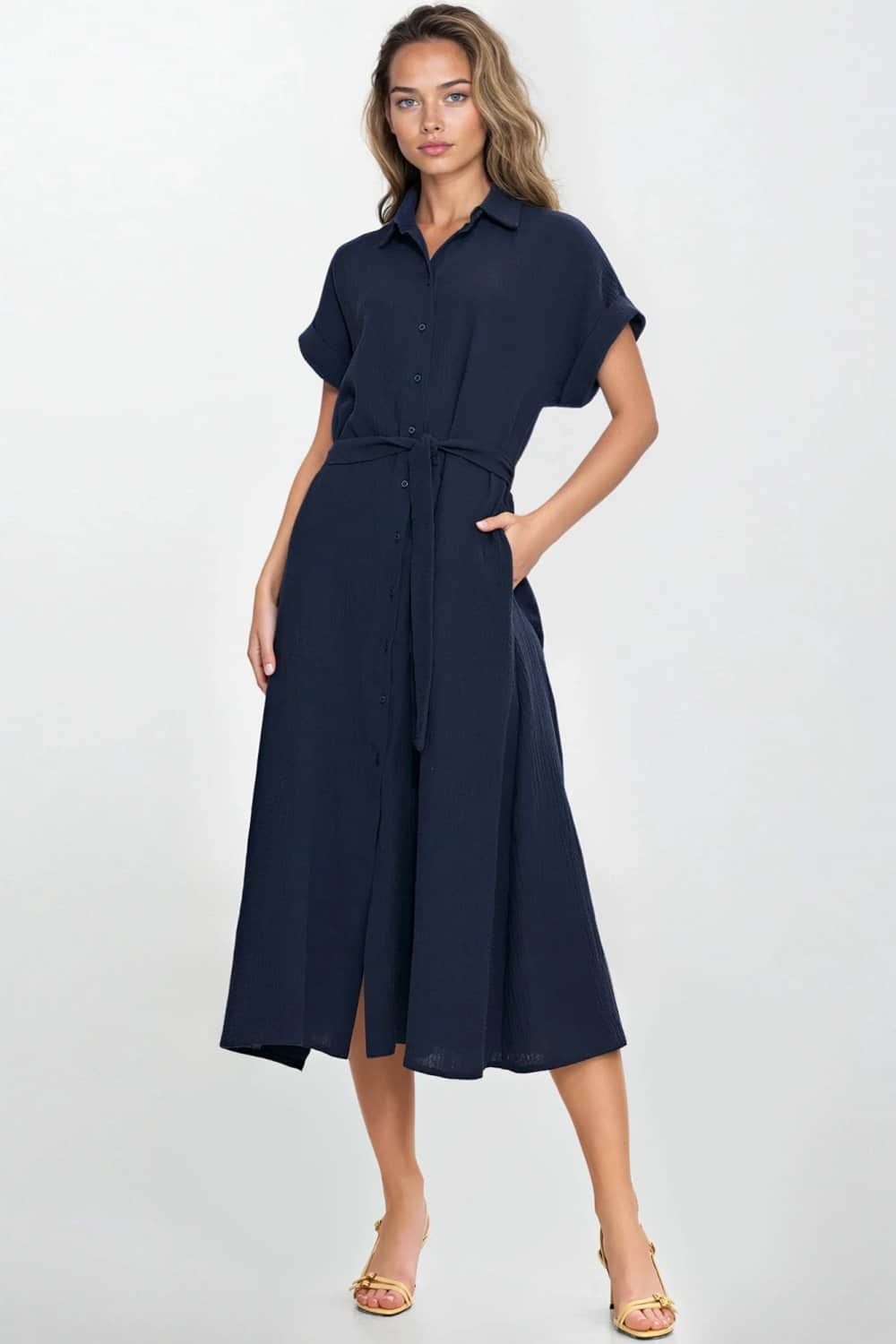 Sukienka Bawełniana muślinowa sukienka koszulowa S269 Navy - Nife - obrazek 2