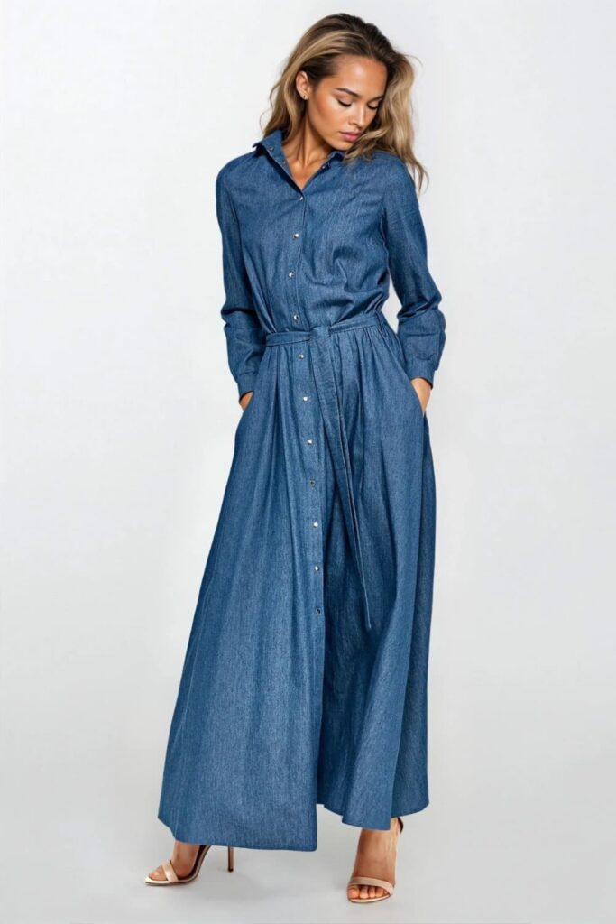 Sukienka Jeansowa sukienka maxi z długim rękawem S249 Jeans - Nife