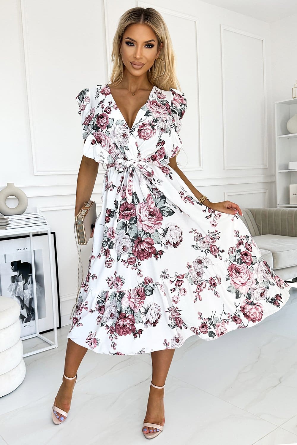 Sukienka Model 466-1 Gabriella White/Bordo - Numoco - obrazek 2
