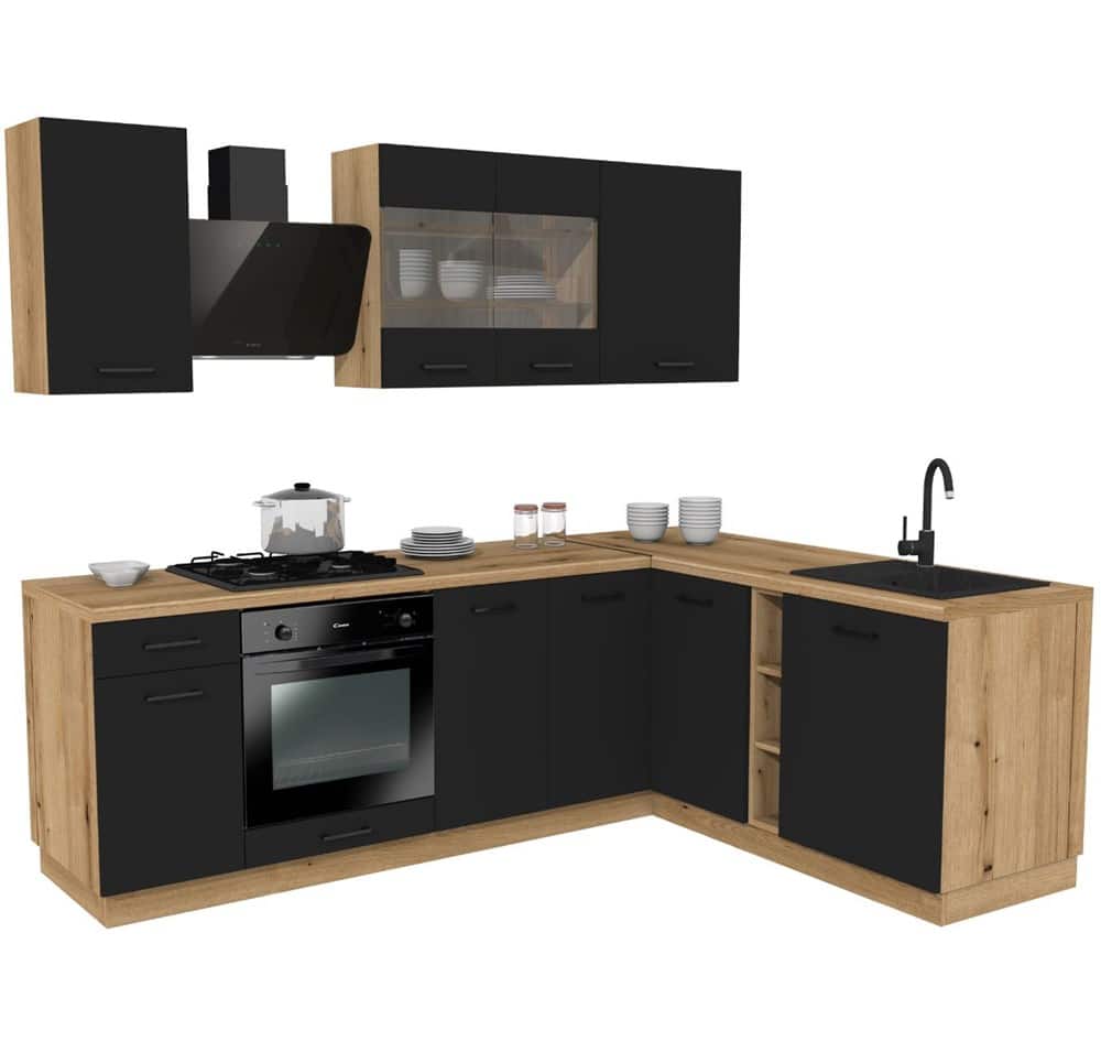 MEBLE KUCHENNE ZESTAW VARIO Z3 240X180CM CZARNY BLAT DĄB EVOKE BEZ AGD