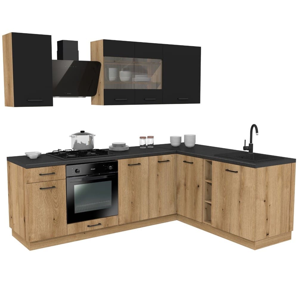 MEBLE KUCHENNE ZESTAW VARIO 240X180CM Z4 CZARNY/EVOKE BLAT DISTRICT BEZ AGD